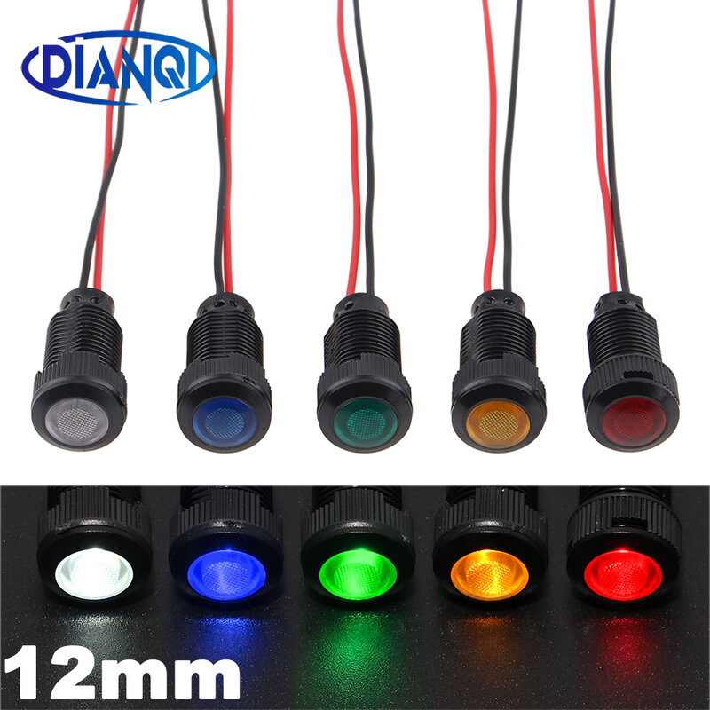 1 buah 12mm oksida hitam plastik lampu indikator Mini peringatan LED Pilot lampu sinyal 220V dengan kawat Merah Kuning Biru Hijau