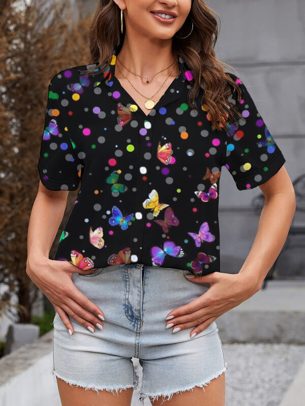 Camisa feminina de lapela de manga curta, borboleta colorida, camisa 3D impressa digital, top de rua popular, verão