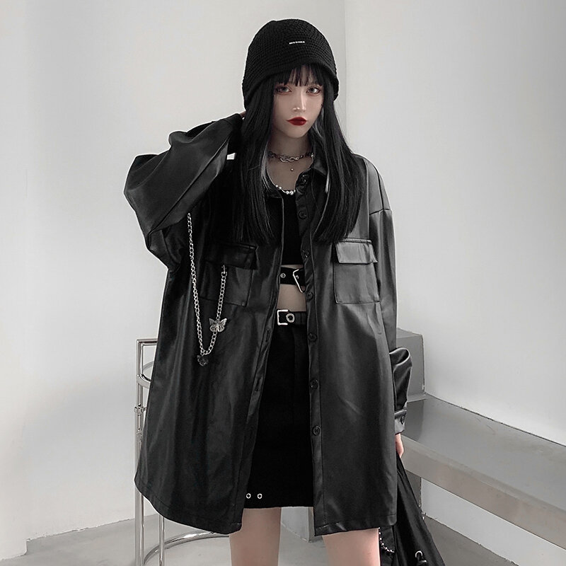 Japanse Casual Vrouwen Losse Lederen Moto Jasje Koreaanse High Street Coat Chic Streetwear Lange Mouw Zwart Lederen Tops