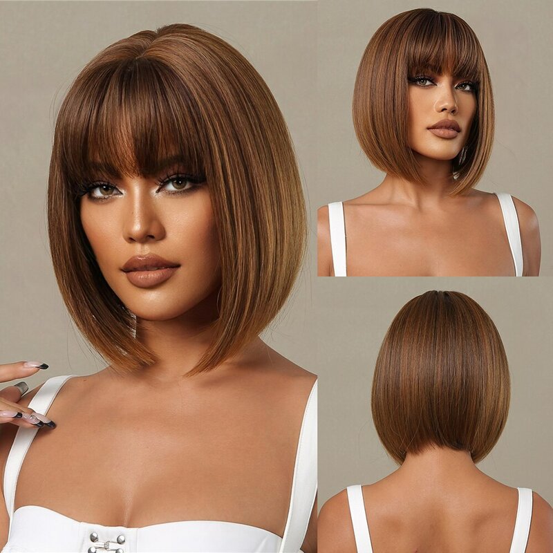Honey Brown Short Bob Wig With Bangs Synthetic Heat Resistant Wig Natural Hair Looking