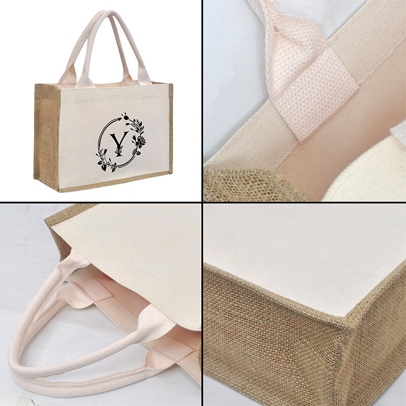 Bolso de mano de lona de lino con estampado de hojas, 26 letras en inglés, Material impermeable, bolsa de almacenamiento interior, bolsa de viaje