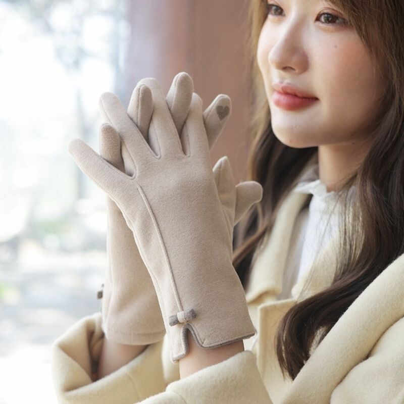 Sarung tangan musim dingin warna polos, sarung tangan pita wol, sarung tangan jari penuh beludru, sarung tangan layar sentuh mewah untuk wanita
