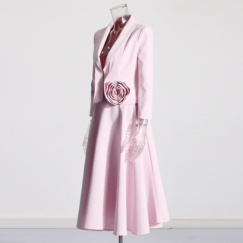Pink Rose 3D Flower Boutique Style Unquie voor dames, nieuw in bovenkleding Blazer A-lijn rok, 2 stuks, Slim Fit Suit Top, Outfit voor dames