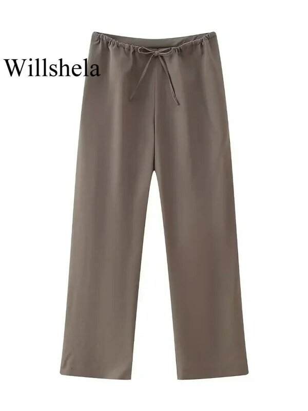 Willshela Women Fashion Two Piece Set Brown Pleated Halter Neck Tops & Straight Pants Vintage Female Chic Lady Pants Suit