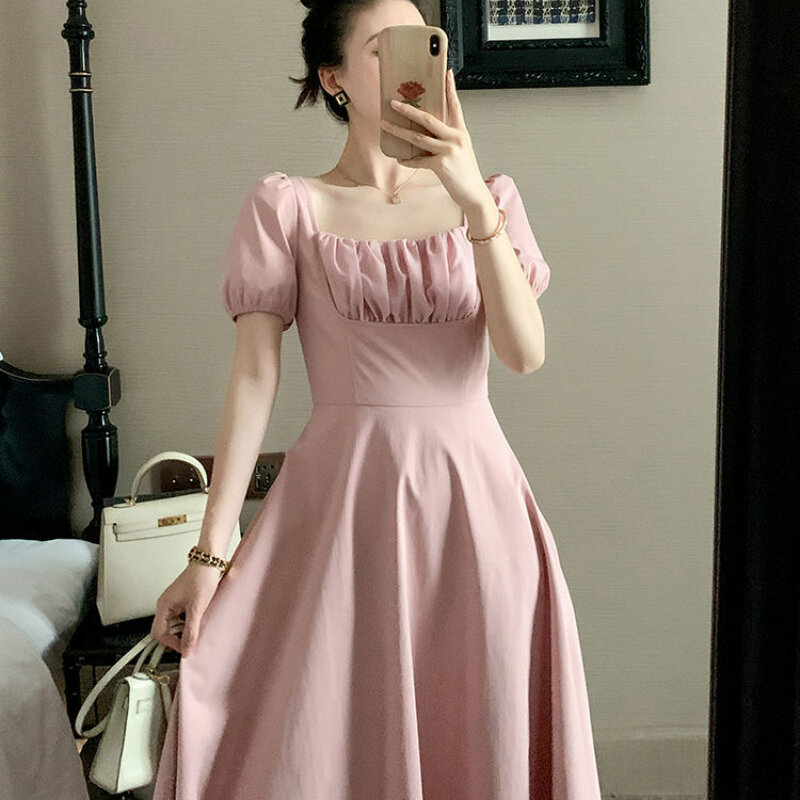 French Pink Dress Loose Fit Retro French Women's Neck Bubble Sleeves Temperament Wrapped Waist 2023 Summer New