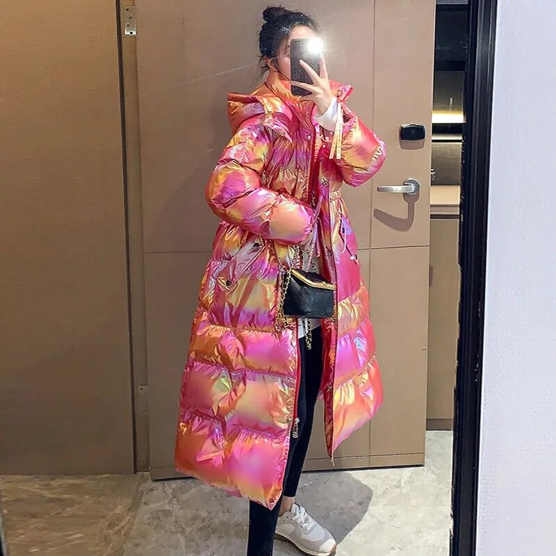 Y2K2024 Women'S New Bright Face Colorful Free Wash Hooded Knee Length Plus Size Thickened Down Fantasy Cotton Coat