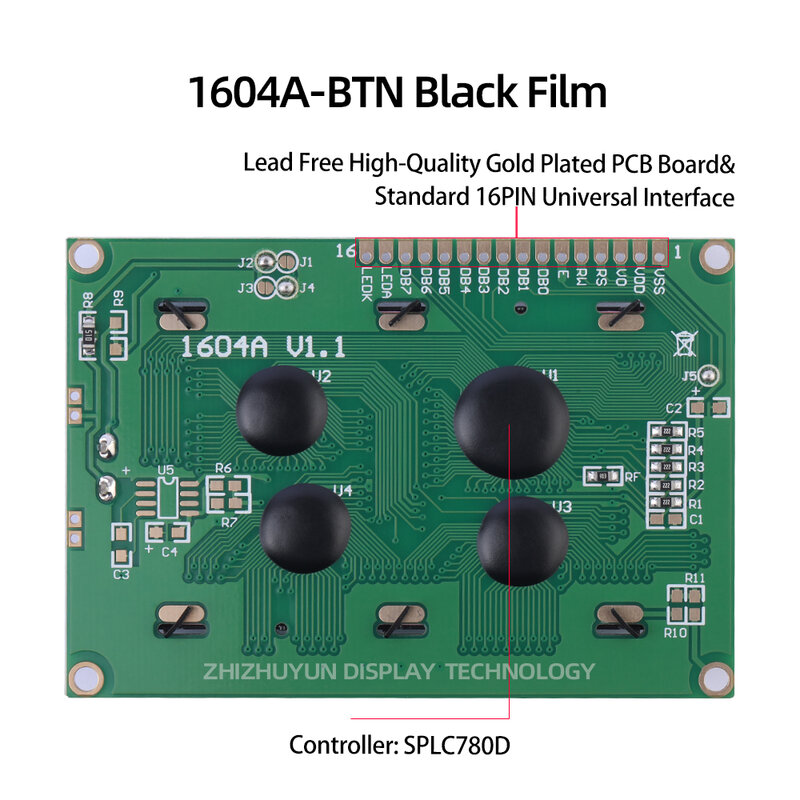 Pantalla de visualización LCD/LCM, 1604A, BTN, película negra, caracteres amarillos, módulo de pantalla Lcm, matriz de puntos