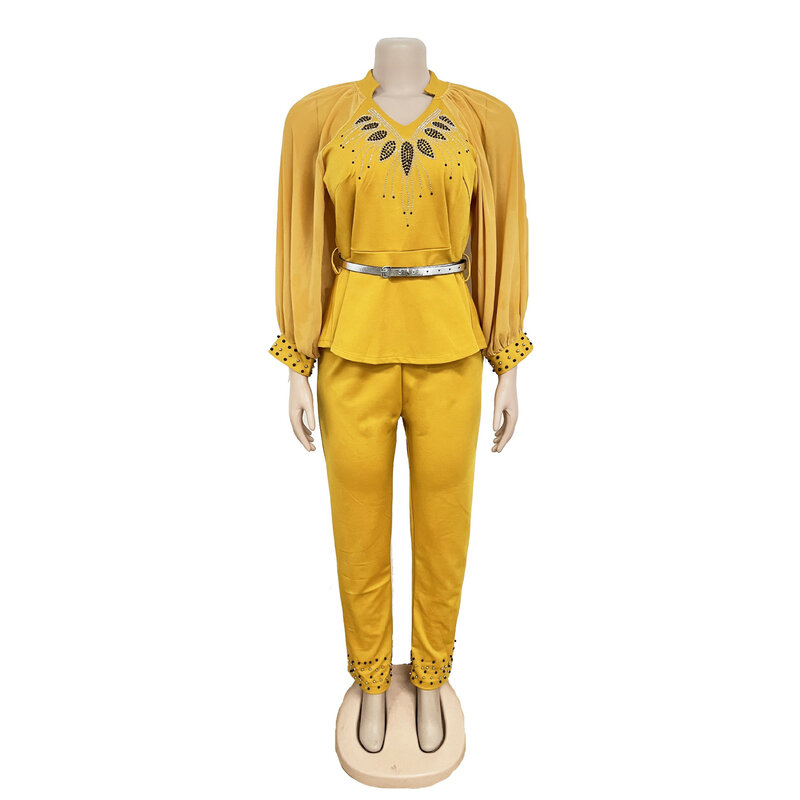 2022 African Clothes Women Spring Autumn African Women Long Sleeve Solid Color Two Pieces Sets Top and Long Pant African Suit