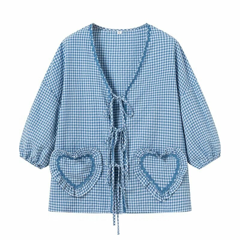 Camisa xadrez fina de estilo fino feminino com gravata borboleta no suporte, bolso em forma de coração, enfeite plissado, roupas de cardigan, tamanho grande