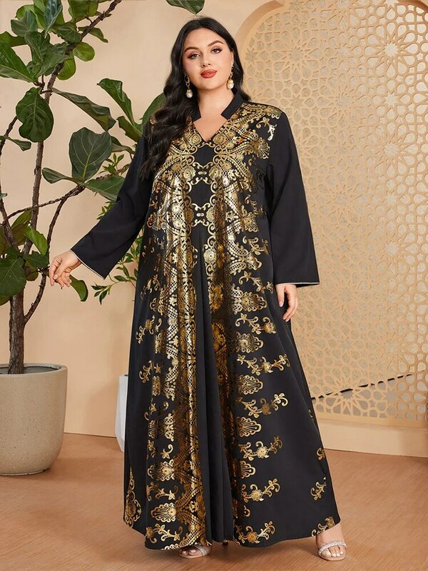 Muslimisches Kleid ethnischen Frühling Herbst neue lose Frauen übergroße Kleid mit Gold prägung Druck Langarm Kleid V-Ausschnitt Robe
