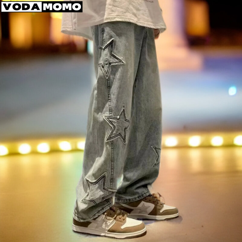 Star Embroidery Straight Casual Men Jeans Gothic Neutral New Wide Leg Loose Hip-hop Fashion Youth Streetwear Denim Trousers Y2K