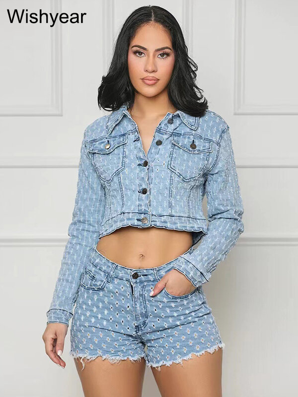 Conjunto feminino de duas peças jeans sem estiramento, jaqueta de manga comprida, roupas jean para boate, tops e shorts, buraco azul, estilo safari