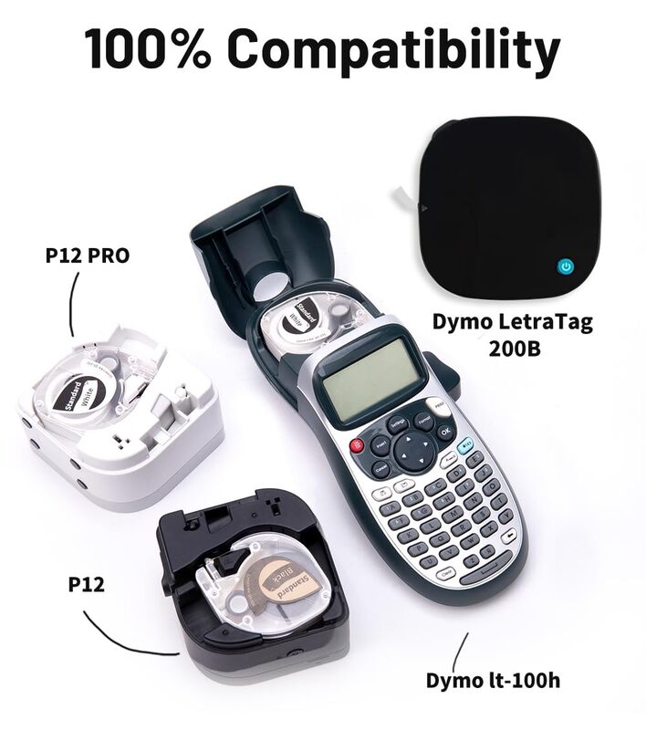 Fita Phomemo-Label Maker, compatível para Dymo LetraTag LT-100H LT-100T Plus, Impressora Labo 200B, P12, P12pro, 12mm, 12mm