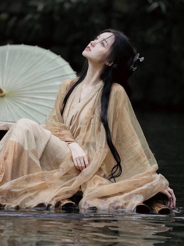 2024 nowy chiński zestaw w stylu wei jin z nadrukiem hanfu wróżka elegancki temperament herbata sztuka gaza sukienka codzienne kobiety przebranie na karnawał garnitur