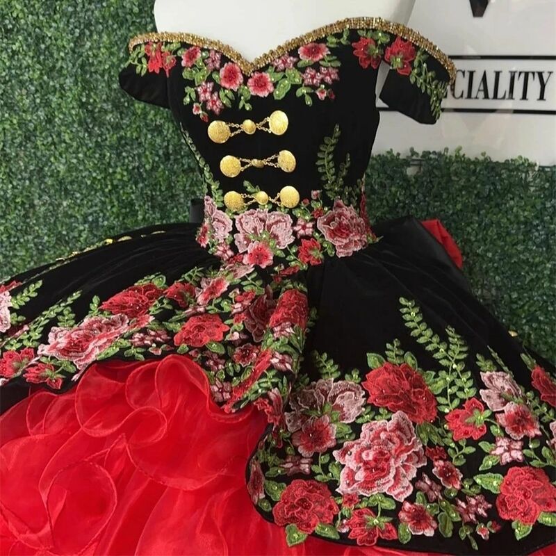 Gaun dansa putri Quinceanera merah hitam gaun pesta tanpa bahu applique manis 16 Gaun 15 AFO Meksiko