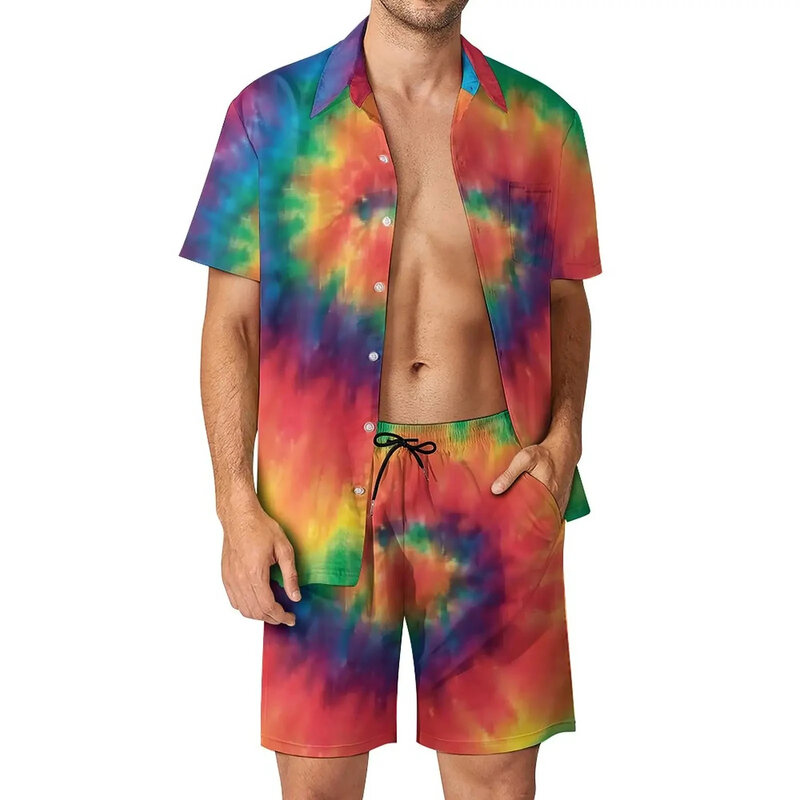 Spiraal Stropdas Dye Shirt 2 Stuks Pak 3d Print Vintage Shirt Strand Shorts Oversized 2 Stuks Set Vakantie Hawaiiaanse Streetwear Man Pakken