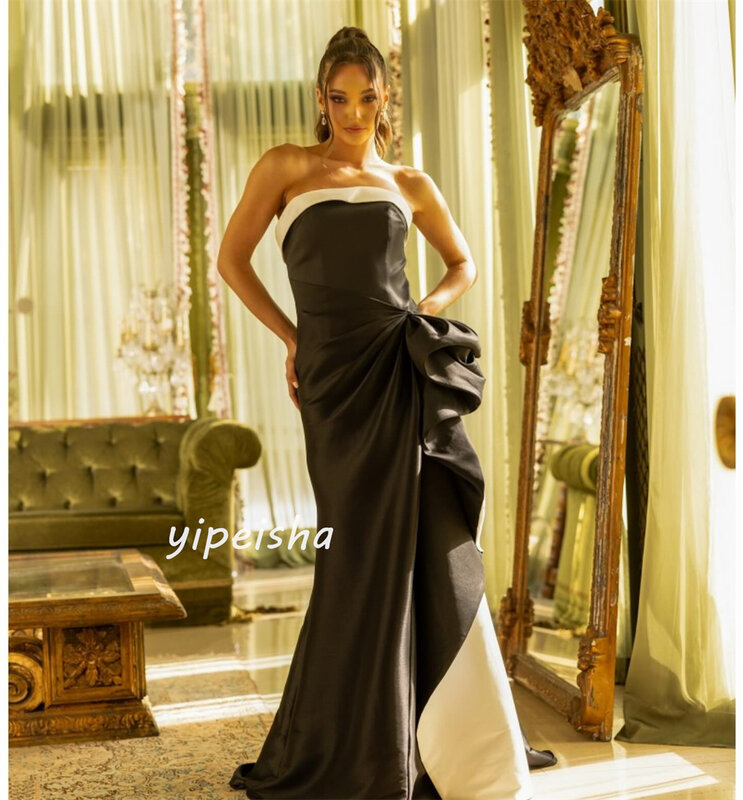 Modern Style Sizes Available Satin Pleat Ruched Draped Mermaid Strapless Long Dresses Celebrity Dresses High Quality Matching