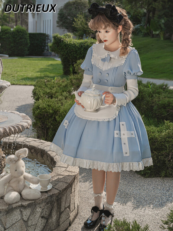 Stile giapponese originale Lolita dolce ragazza Op vestito cameriera grembiule manica lunga bambola collare principessa abiti di media lunghezza per le donne