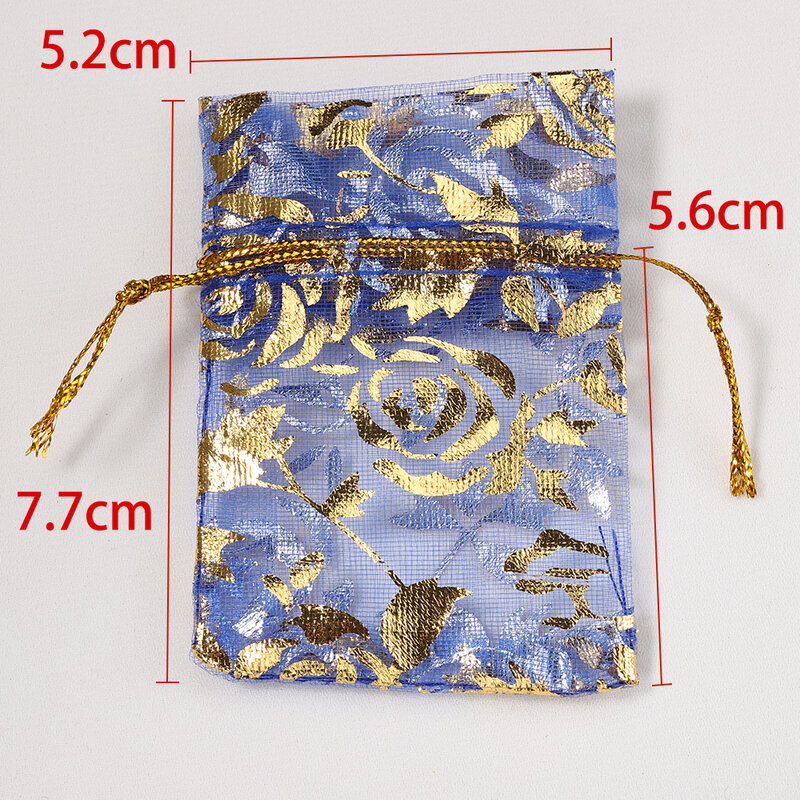 50 pz/lotto 5x7 6x8 7x9 8x10cm stampa rose Love Christmas Organza Sack coulisse Charm Packaging Bags sacchetti di gioielli quotidiani