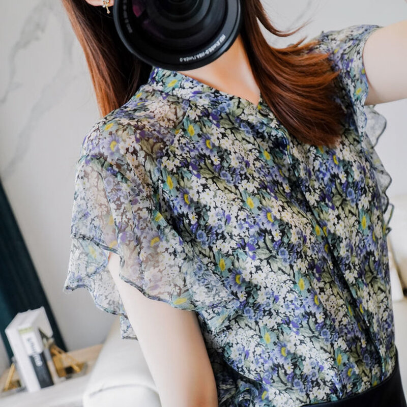 Eleganti camicie in Chiffon floreale con maniche a farfalla stampate abbigliamento donna 2024 camicette da donna allentate per tutto il fiammifero estive