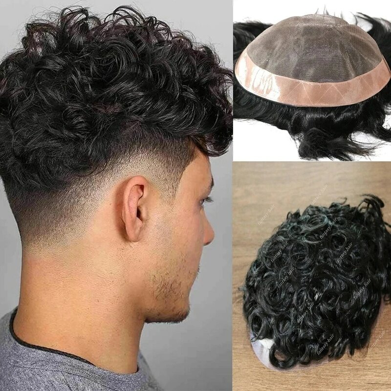 Mens Toupee Human Hair Fine Mono Male Wig Durable Capillary Prosthesis Curly/Wave/Straight Replacement System 130% Density