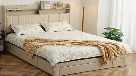 Queen size upholstered bed frame, Queen bed frame with 3 drawers, Queen size bed frame with headboard