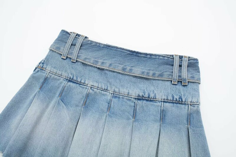 Women's new Chic fashion belt decoration casual versatile wide pleated denim mini skirt retro high waisted women's skirt Mujer