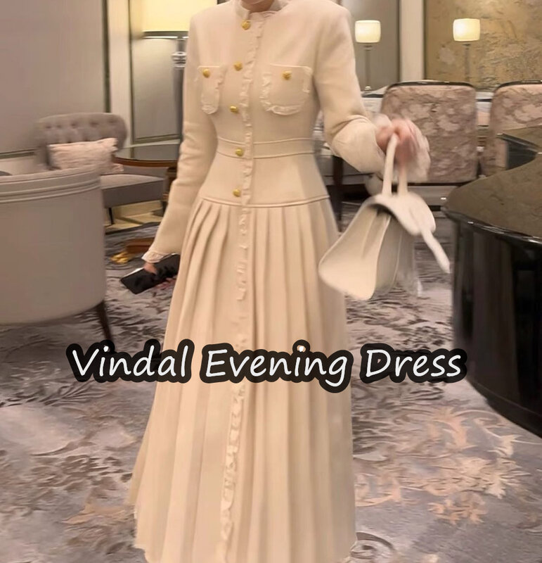 VindalScoop Neckline Tea length A-Line Evening Dress Ruffle Crepe  Elegant Built-in Bra Saudi Arabia Long Sleeves For Woman 2024
