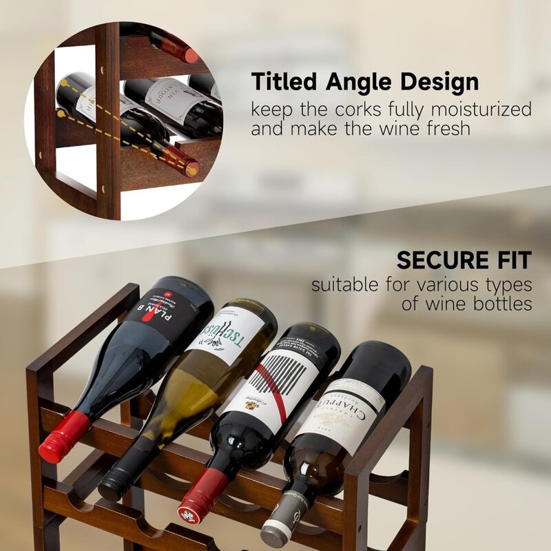 Étagères de stockage de vin sur pied T1 28 bouteilles, présentoir à vin en bois massif à 7 niveaux avec dessus de brittop, porte-bouteille sans oscillation