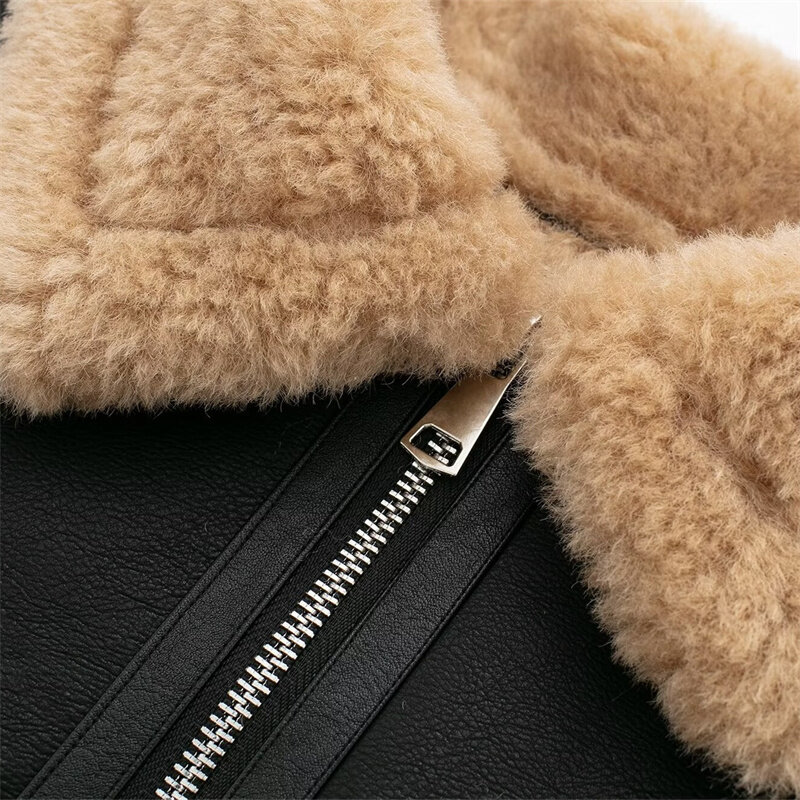 Keyanketian Winter neue Frauen doppelseitige Pelz Fleece Weste Crop Weste einfach Retro Reiß verschluss Kunstleder Jacke Oberbekleidung