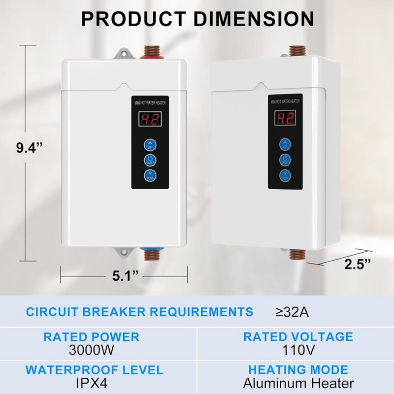 Chauffe-eau électrique sans réservoir, affichage numérique, chauffe-eau à la demande, 3000 V, 110 W
