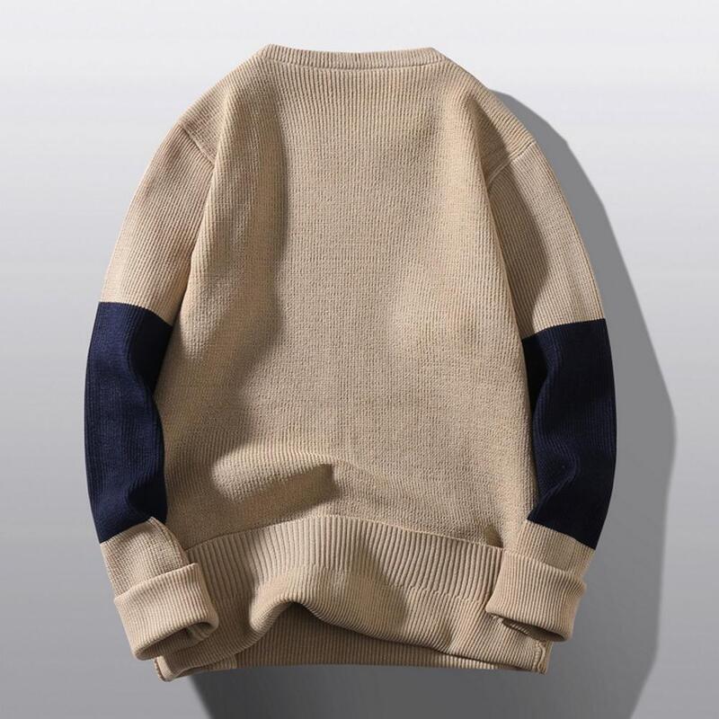 남성용 라운드 넥 스웨터, 아늑한 컬러 블록 니트 스웨터, 두껍고 따뜻한 스타일리시 풀오버, 패치워크 스웨터 포함, 가을 및 겨울
