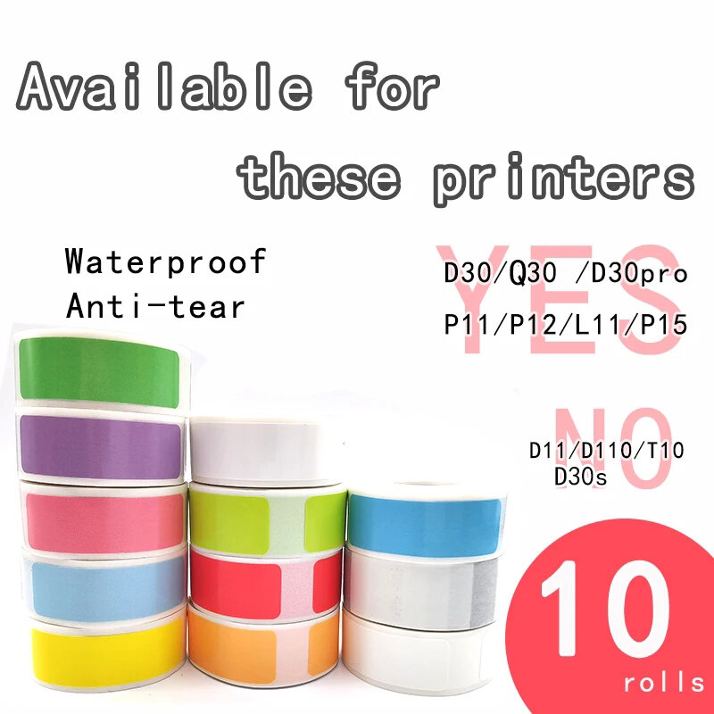 Cinta adhesiva de colores para etiquetas térmicas, papel Lable para P15, L11, P12, D30, 12x40, 10PK