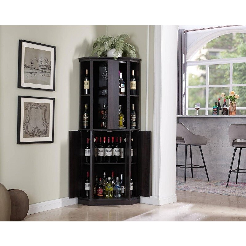 Versátil Canto Bar armário com armazenamento do vinho, altura ajustável prateleira, 6-Bottle Wine Rack, Stemware Rack para 6 copos, 68,5 pol