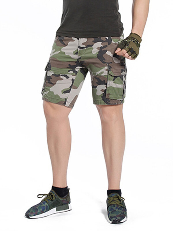 Letnie z wieloma kieszeniami proste kamuflaż militarne spodenki dla mężczyzn 100% bawełniane spodnie do kolan spodnie typu Casual