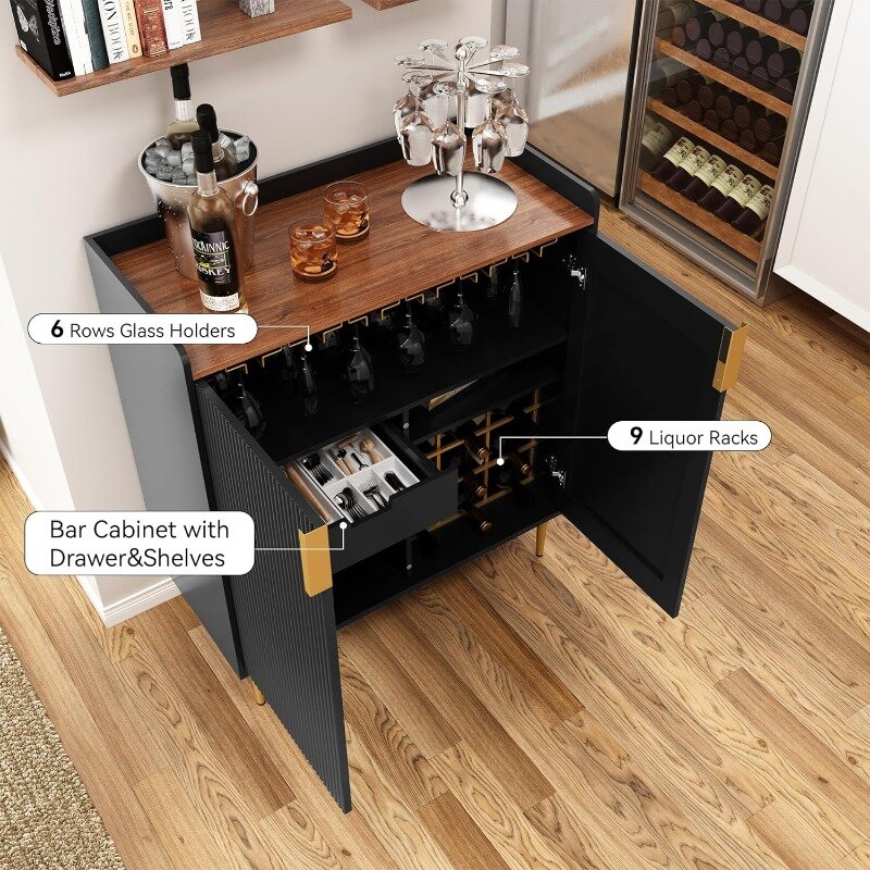 ARTPOWER-Cabinet Buffet aparador texturizado caneladas com cremalheira do vinho e gavetas, armário moderno do café bar