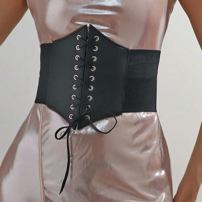 Sabuk ikat pinggang berlubang dengan tali, sabuk korset renda elastis lebar tubuh kulit imitasi untuk wanita