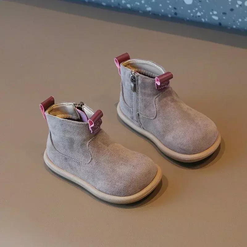 Осенне-зимние ботинки для маленьких мальчиков и девочек; Детская повседневная обувь из замши; Уличная нескользящая обувь для младенцев; Плюшевые Детские ботильоны