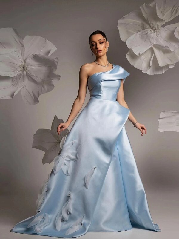 Vestido de fiesta elegante de satén azul con flor de loto para mujer, línea A, baile de baile, boda formal de novia, vestido de graduación para mujer