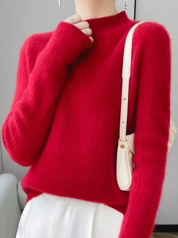 Camisola com pescoço simulado para mulheres, pulôver de manga comprida 100% lã merino malhas de fundo básico macio, top de roupas femininas