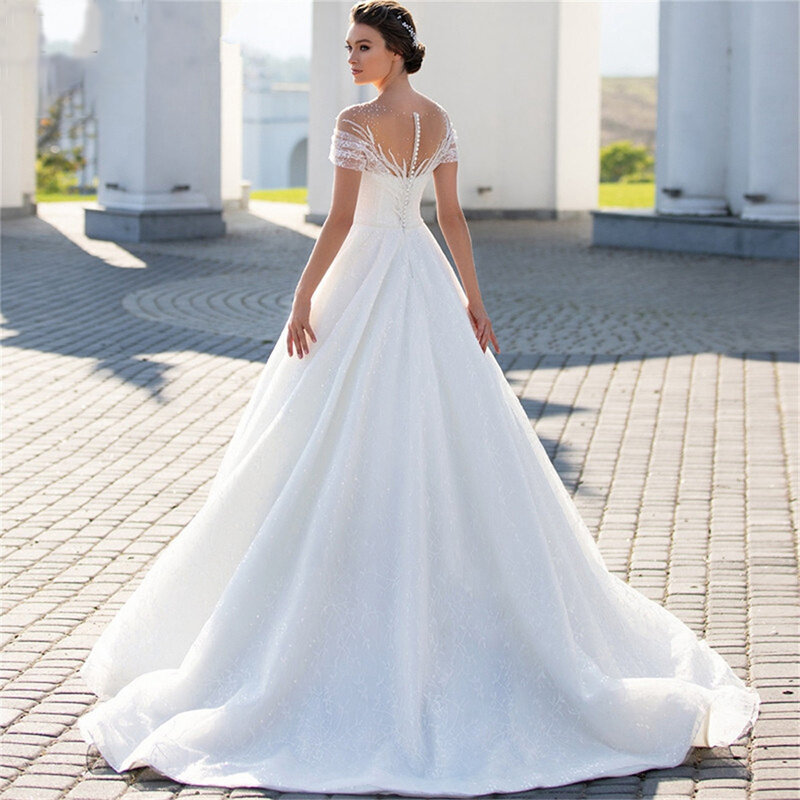 Glänzend von der Schulter Brautkleid für Braut elegante Glitzer Spitze A-Linie Brautkleid Illusion Falten Robe de Mariée