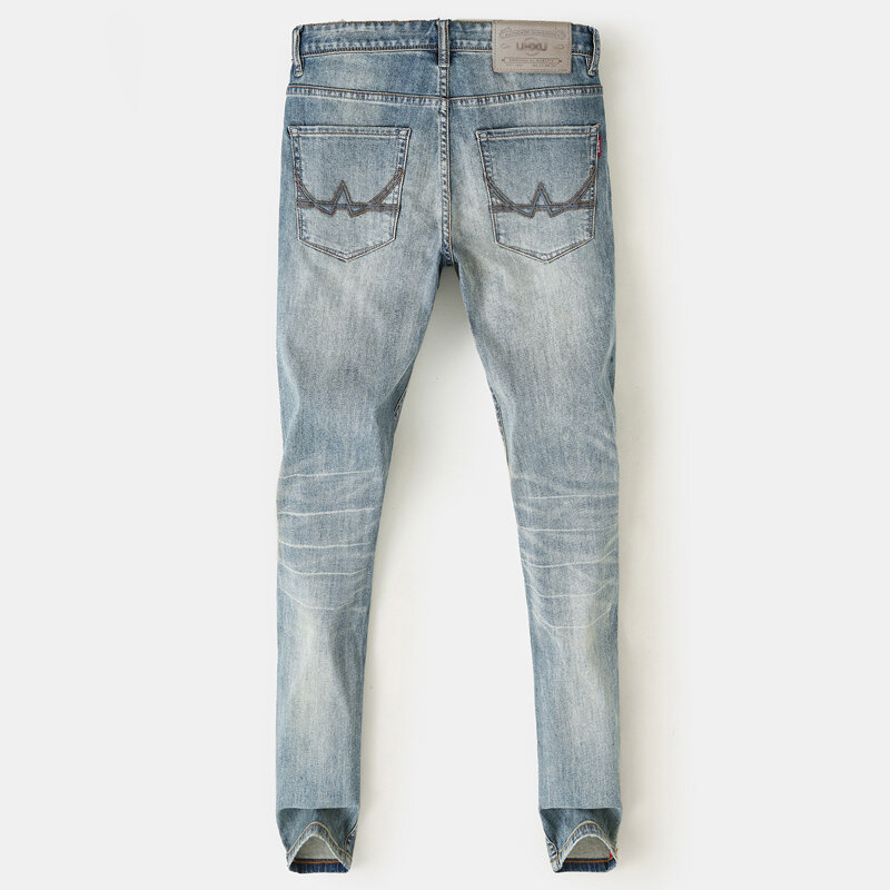 European Fashion Vintage Men Jeans High Quality Retro Blue Elastic Slim Fit Plain Washed Jeans Men Designer Denim Pants Hombre