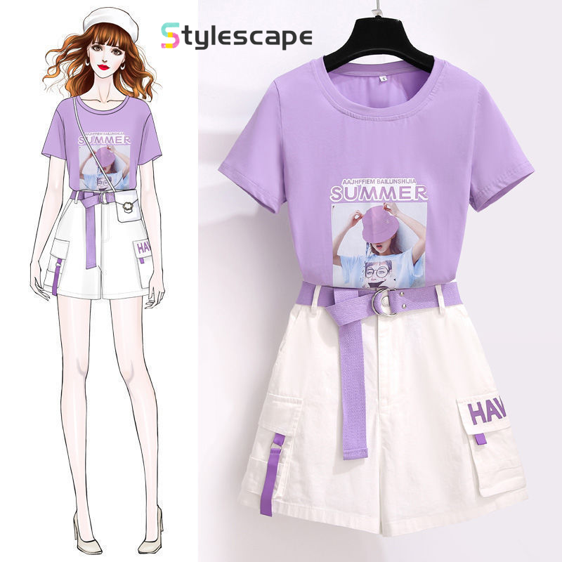 Shorts e camiseta casual de duas peças para mulheres, estilo menina, moda jovem verão, roupas novas, 2024