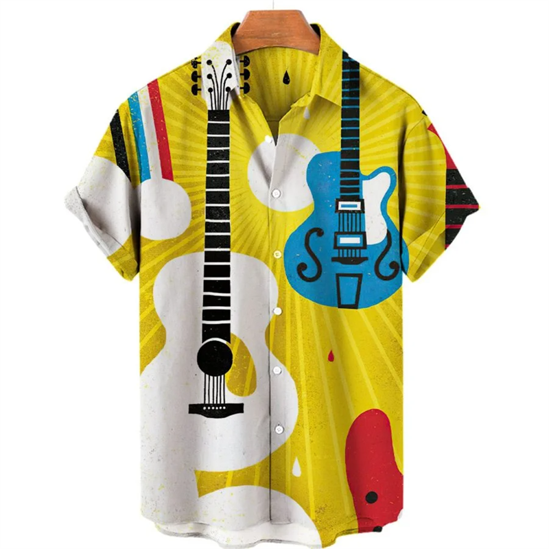 Hawaiian Music Note Pattern Camisas para homens, estampa da moda, verão Harajuku blusas, mangas curtas, tops de praia, camisetas roupas