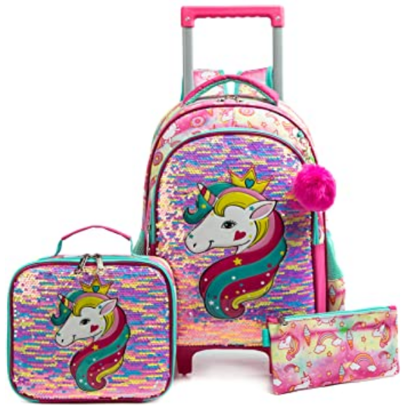 16 Inch 3 pcs set Kids School Trolley Bag lunch bag Wheeled Backpack Unicorn Rolling Backpack for Girls Backpacks with wheels