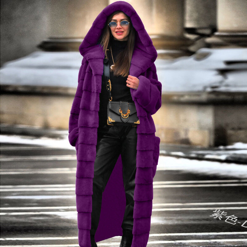 Casual casaco de pele do falso casaco feminino hoodies peludo grosso quente longo do falso casaco de pele de coelho fino casaco de inverno feminino