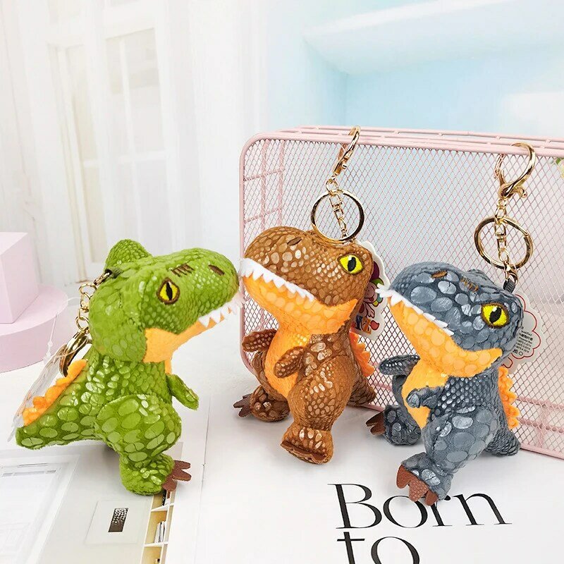 Cute Cartoon Dinosaur Plush Keychain para meninas, Chaveiro de boneca de animais macios, pingente de saco, decoração de mochila, presentes, 12cm