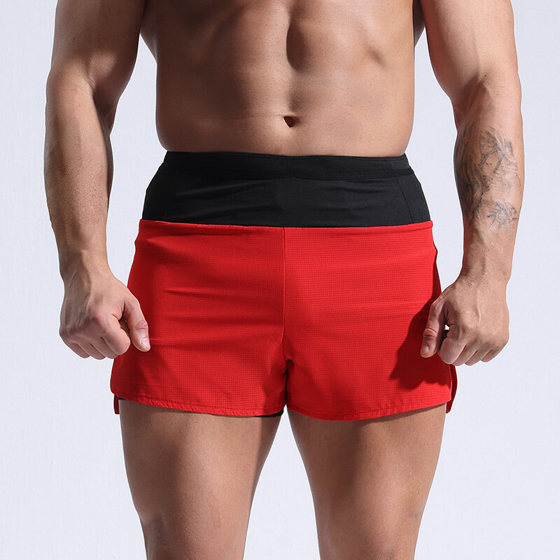 Celana pendek olahraga pria, musim panas pantai es keren nyaman bernapas meregang Slim Fit olahraga lari binaraga