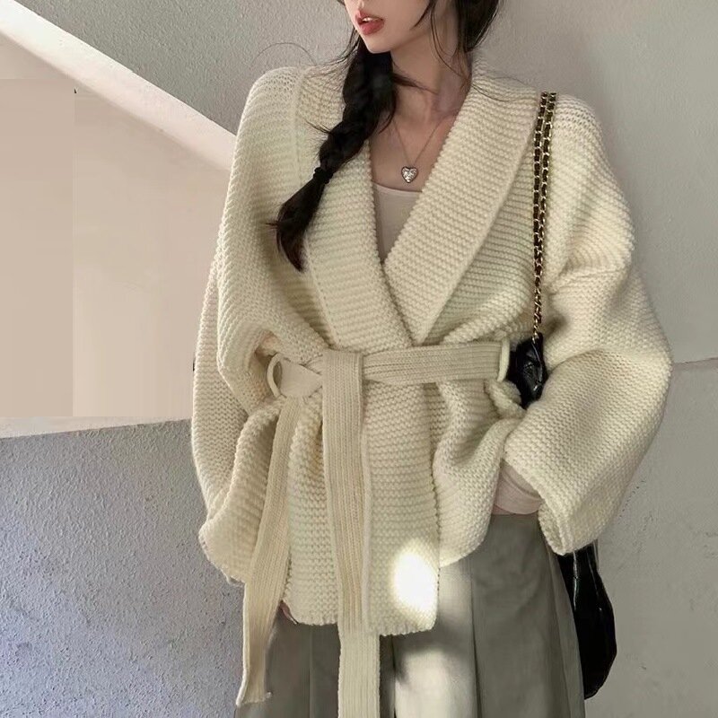 2023 Women Autumn Sweater Cape Coat Long Sleeve Thick Cardigans With Belt Women Knitted Warm Coat Tops Winter Clothes