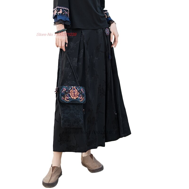 Jupe trapèze vintage traditionnelle chinoise, jupe en satin jacquard, jupe orientale, streetwear ethnique, littérature florale nationale, 2024